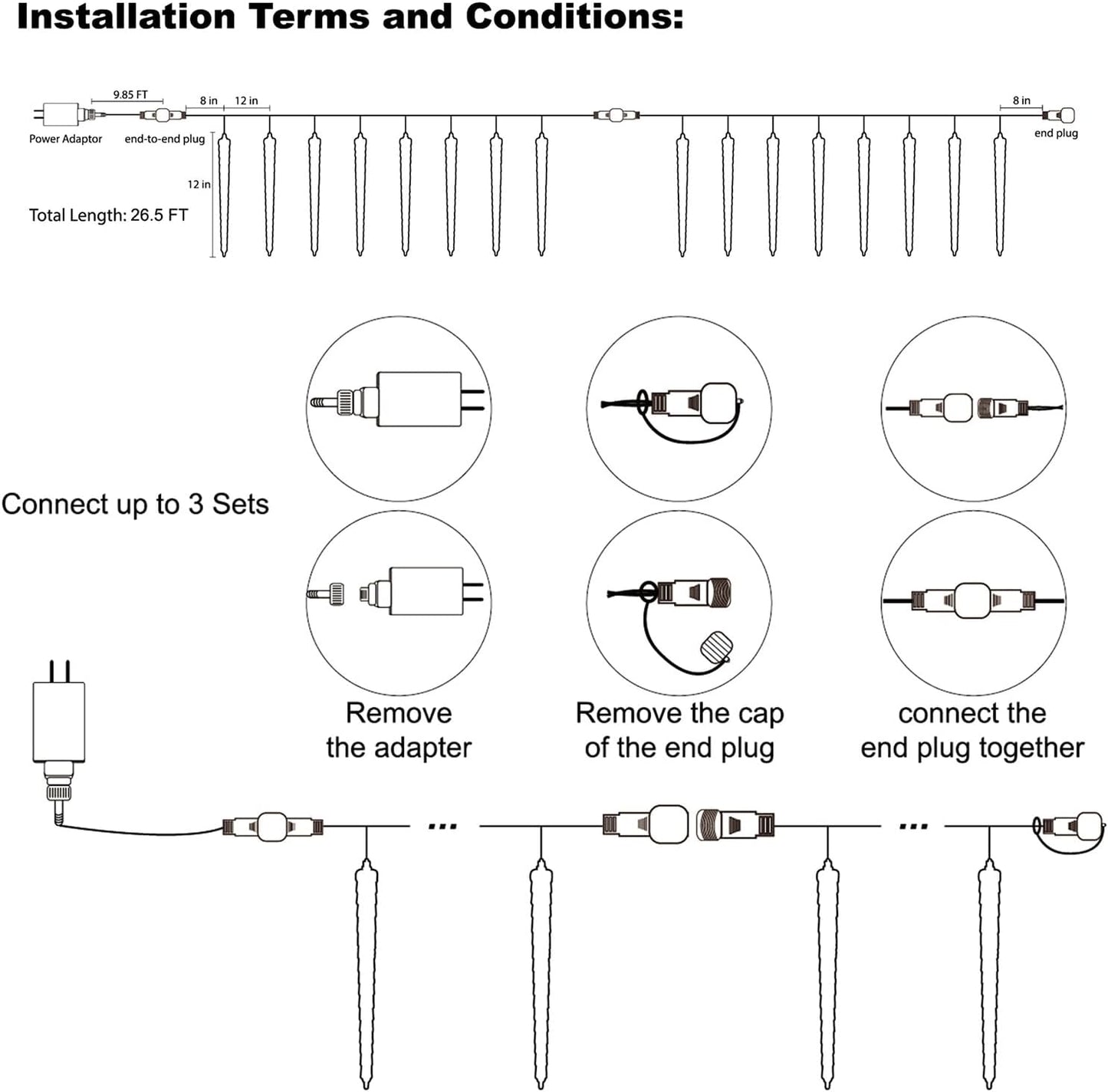 WATERGLIDE 16 Icicles Meteor Shower Lights, 12" Outdoor Icicle Christmas Lights 384 SMD LED Crystal Ice Falling Light, Connectable Raindrop Iciclelight, Xmas Winter Party Tree Holiday Decor, White