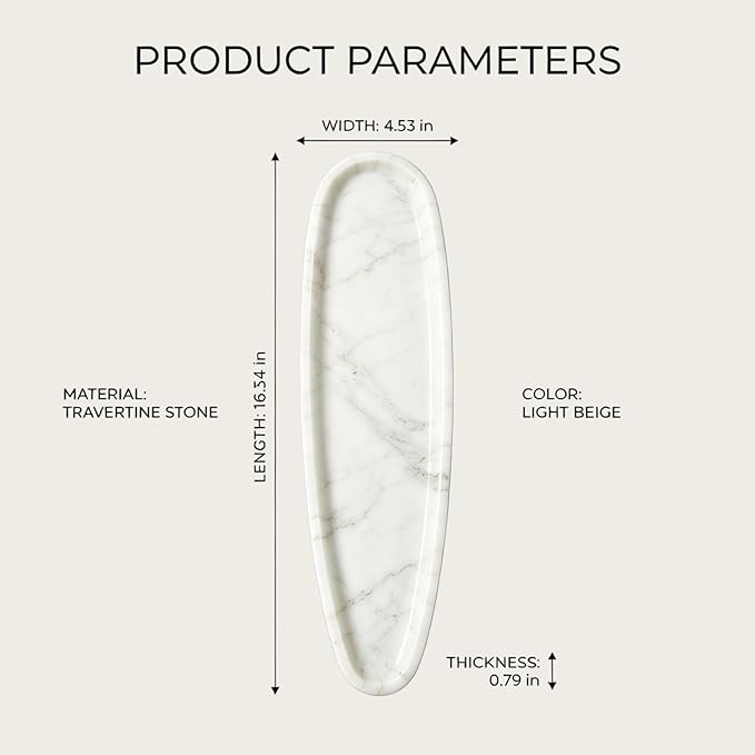 Natural Marble Vanity Tray, 16.6"x4.6" White Real Stone Decorative Tray for Bathroom Countertop & Home Decor, Catchall Organizer for Jewelry, Candles, Cosmetics & Perfume（White）
