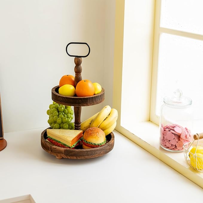 Farmhouse 2 Tiered Tray Stand for Home Decor, Wooden Serving Tiered Tray for Coffee Bar Table Centerpiece, Decorative Trays Kit for Countryside, Round Rustic Stand for Cake Cupcake (Deep Brown)