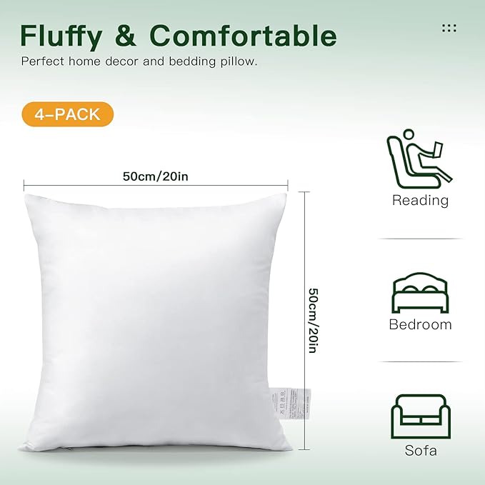 OTOSTAR Pack of 4 Throw Pillow Inserts, 20 x 20 Square Cushion Inner Soft Fluffy Plump Stuffer Cushion Pads White Decorative Pillow Inserts
