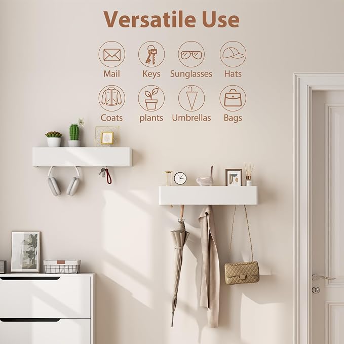 CycleCrew Solid Wood Wall Mounted Coat Rack with Shelf Hooks - Modern Floating Shelves with 5 Hidden Hooks, Heavy Duty Entryway Coat Key Holder Hanger for Hallway Bathroom Bedroom Home Decor