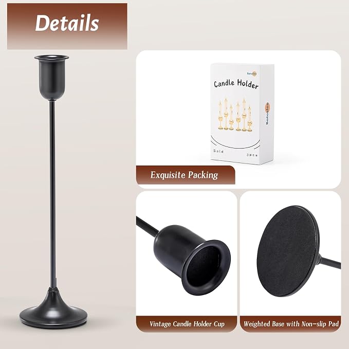 Black Taper Candle Holder 6 PCS, Vintage Candle Stick Candlestick Holders | Flameless Candle Holder Modern Decorative Table Centerpiece, Cozy Atmosphere for Home Decor, Wedding, Candlelit Dinner Party