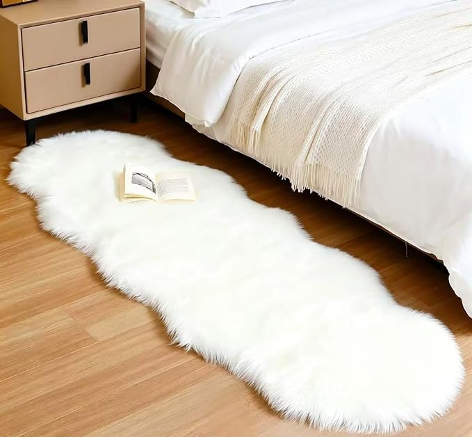 Faux Fur Sheepskin Runner Rug White 2x6 ft Ultra Soft Shaggy Plush Fluffy Fuzzy Area Carpet Decorative Chair Cover Floor Mat for Bedroom Sofa Living Room Bedside
