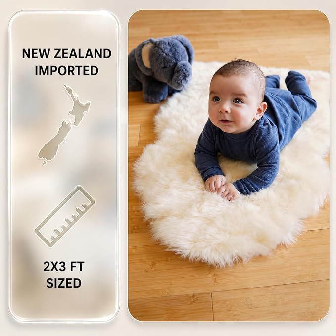Genuine Sheepskin Rug – New Zealand Sheep Skin Fluffy Soft Single Pelt Lambskin for Bdroom, Living Room, Sofa, Chair, Bedside – Natural Ivory White Area Rug (2 x 3 ft)