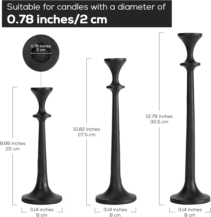 Black Taper Candle Holders Set of 3 Heavy Cast Iron Black Candlestick Holder for Table Centerpiece Modern Decorative Tapered Candle Stand Tall Set for Home Decor Fireplace Wedding Halloween Christmas