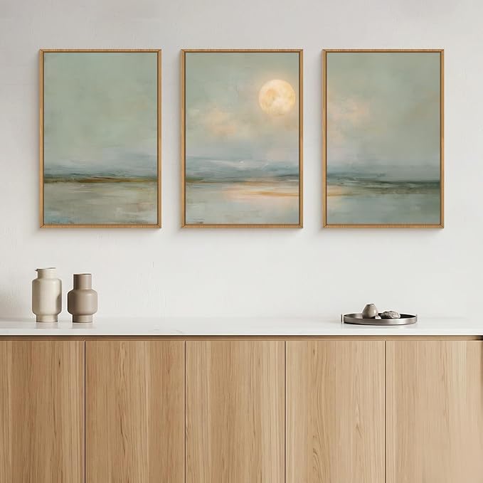 LHIUEM Large Abstract Moon Green Framed Canvas Wall Art Set,Minimalist Beige Gray Wall Decor, Nature Lake Landscape Art Painting for Living Room,Bedroom,Dining Room,Office -24"x36"x3