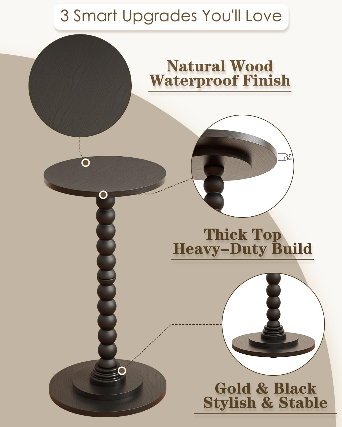 Masupu Round Side Table, Small End Table for Small Spaces, Pedestal Drink Table with Solid Wood Leg for Living Room, Bedroom, Corners(Black)