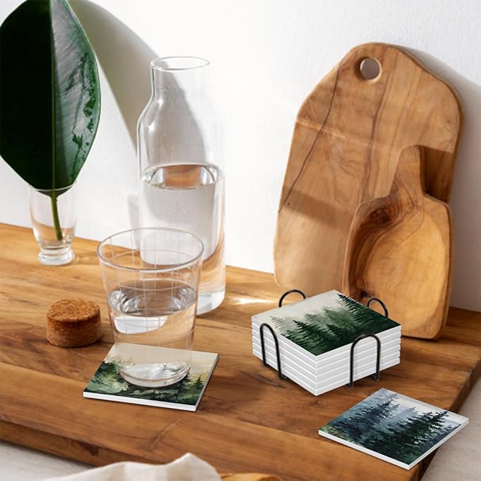 Drink Coasters for Drinks Set of 6, Watercolor Landscape Pine Forest Absorbent Square Ceramic Stone Mat Coaster, with Cork Base and Metal Holder, Home Bar Decor House Warming Gift