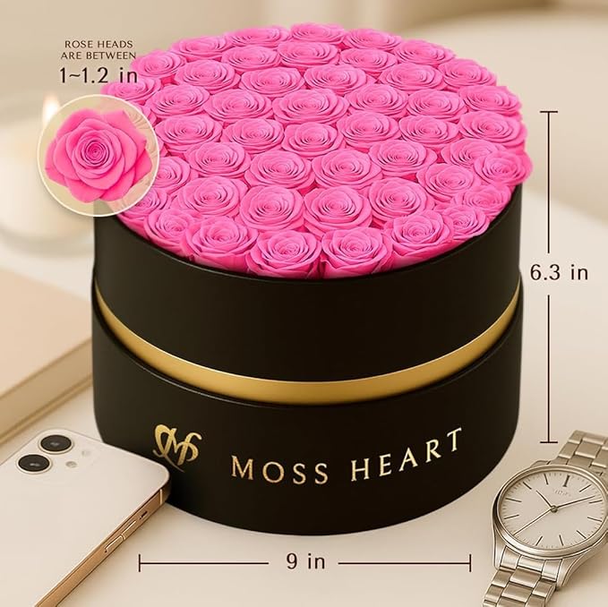 50 Petite Preserved Roses, Designer Round Box, Real Forever Roses Last 1+ Year, Premium Gift for Women, Wife, Girlfriend, Mother’s Day, Birthday, Anniversary, Valentine’s Day