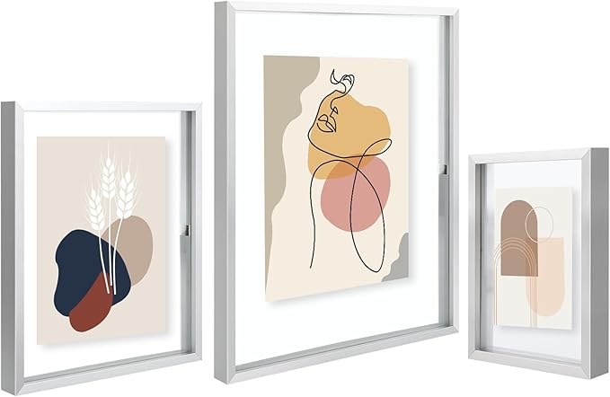 Golden State Art Silver Floating Picture Frame for 11X14, 2-8X10, 4-5X7 Photos, Metal, Modern or Contemporary, Wall Mount