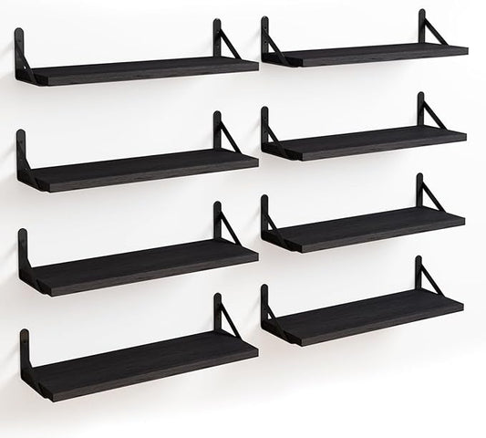 Fixwal Floating Shelves, Width 4.7in Rustic Wood Wall Shelves Set of 8, Wall Storage Shelves for Bedroom, Living Room, Kitchen, Bathroom, Office and Plants (Black)