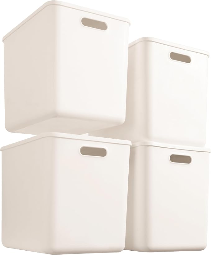 4 pack large plastic White storage bins with Lids, Toy Box Chest with Handle，Organizer Containers Baskets for Baby,Nursery，Shelves，Playroom, Bedroom，Office,Closet，home (White, 4XL)