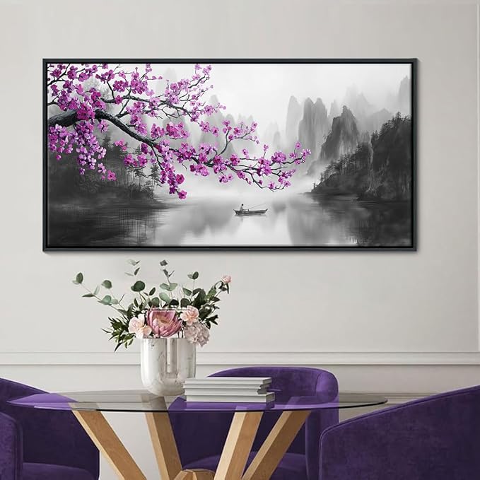 YDYSUNE Large Framed Purple Plum Blossom Wall Art, Black White Landscape Full Moon Floral Canvas Decor for Bedroom Living Room Office, 20"×40"