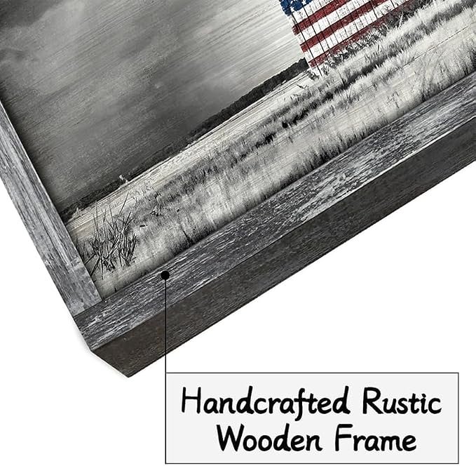 Farmhouse Wood Wall Art Picture: Living Room Framed Rustic Old Barn American Flag Painting Decor Bedroom Large Black White Country Rural Farm Scene Print Horizontal Patriotic Countryside Nature