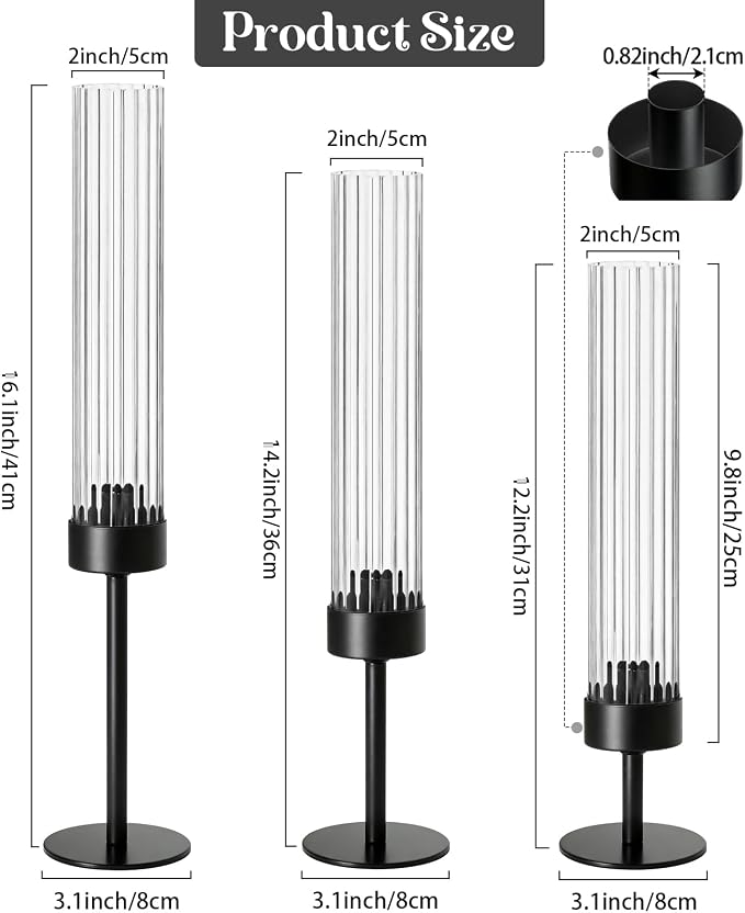 Metal & Acrylic Taper Candle Holders Set of 3 with Ribbed Design - Hurricane Clear Cylinder Candelabra for Wedding, Christmas, Party, Dining Table Centerpiece Decor (Black, Set of 3)