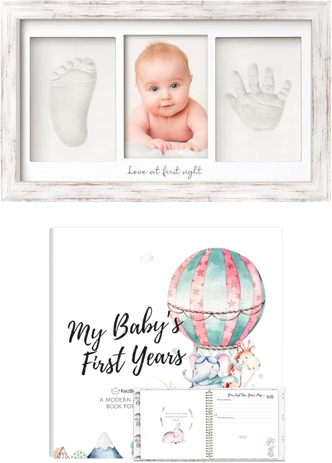 KeaBabies Baby Hand and Footprint Kit and First 5 Years Baby Memory Book Journal - Baby Footprint Kit, 90 Pages Hardcover First Year Keepsake Milestone Baby Book, Newborn Keepsake Frame