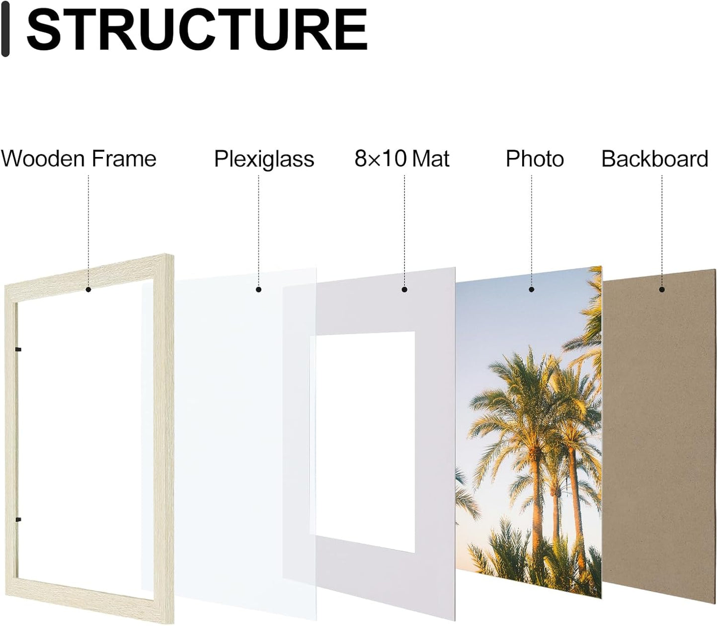 Vittanly 11x14 Picture Frames Set of 9, Shatter Resistant Plexiglass, Display 8x10 Pictures with Mat or 11x14 without Mat, Photo Frames for Wall or Tabletop, Engineered Wood, Cornsilk