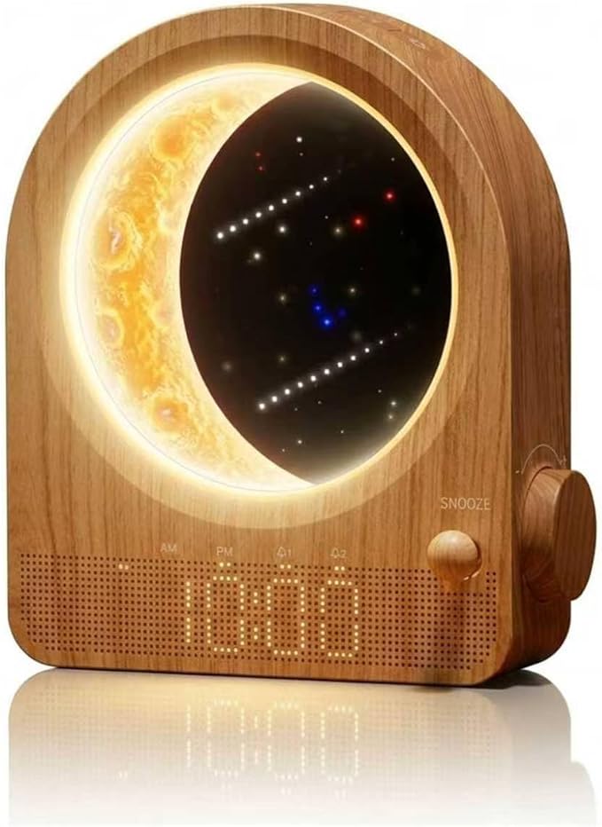 blonbar Sunrise Alarm Clocks with Dimmable Moon Lamp, 2 Alarm Clocks with 12Levels Volume for Heavy Sleepers, 10 Natural Sounds with 30/60/90mins Timer for Bedrooms, Gifts for Women (brown woodgrain).