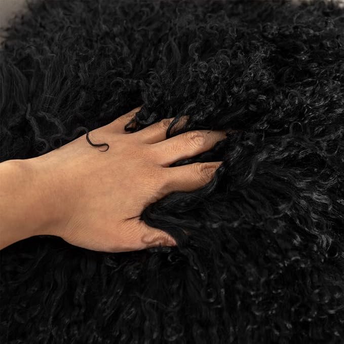Mongolian Lamb Fur Throw Pillow Cover (16'' x 16'', Black), Real Sheep Fur Decorative Cushion Cover Case Home Decorative Square Throw Pillow Cover Plain Wool Pillow Protector