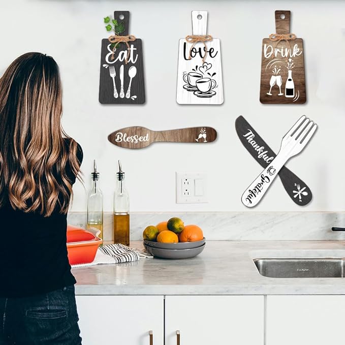 PH PandaHall 6pcs Kitchen Wall Decor Start Drink Sign Set Wood Pendant Accessories Mini Wood Plaque Fork and Spoon Shape Decorations Rustic Style Home Dector Black Brown White 11x5.5 inch/11.8x2 inch