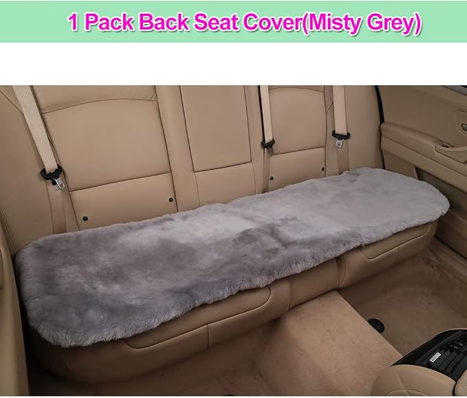 OGLAND Fuzzy Genuine Sheepskin Car Rear Seat Cover for Kids Dogs Pets Auto Bench Back Cushion Interior Accessories with Soft Fluffy Wool Natural Fur, Misty Gray