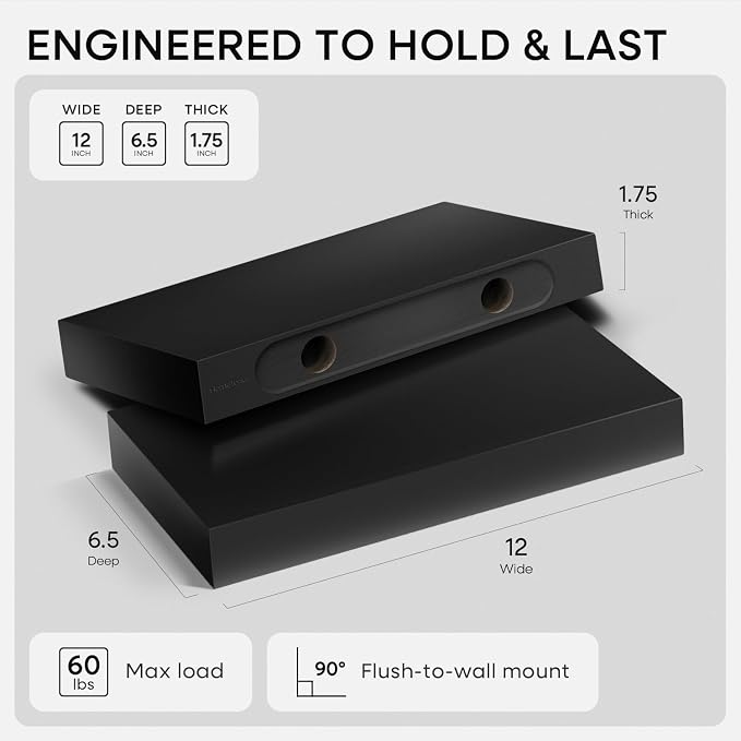 Homeforia Floating Shelf Black 12 inch, High End Solid Real Wood Small 12inch Floating Shelves for Wall Mounted, Black Wooden 12 in Floating Shelves, Heavy Duty Bracket, 12 X 6.5 X 1.75 inch, Set of 4