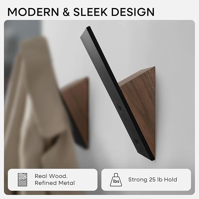 Homeforia Walnut Wood Coat Hooks, High End Walnut Wood & Black Metal Wall Mounted Coat Hooks, Mid-Century Modern Clothes Hooks, Heavy Duty Wooden Hooks for Hanging Coats, Hats, Towels & More, Set of 4