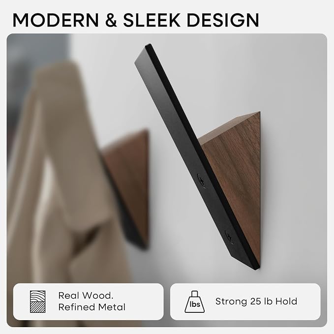 Homeforia Walnut Wood Coat Hooks, High End Walnut Wood & Black Metal Wall Mounted Coat Hook, Mid-Century Modern Clothes Hooks, Heavy Duty Wooden Hook for Hanging Coats, Hats, Towels & More, Set of 10
