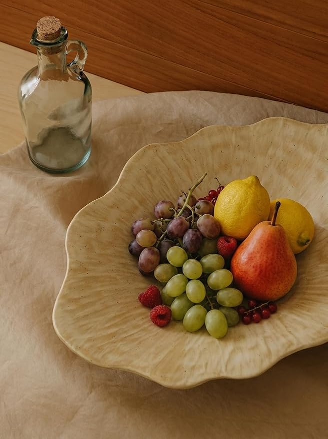 WENSHUO Stoneware Fruit Bowl for Kitchen Counter,Large Decorative Bowls for Home Decor,Handmade Perfect Centerpiece for Table, Island,or Counter,Matte Curd Color Reactive Glaze 13.5" L × 10" W
