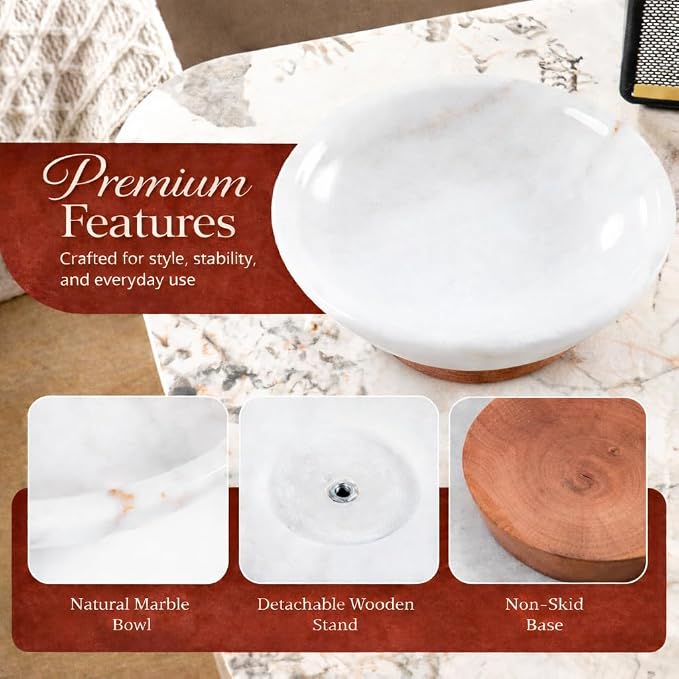 Decorative Marble Bowl White - Handcrafted Natural Stone on Acacia Wood Pedestal - Versatile 10" Catch‑All Centrepiece for Home Decor - Entryway, Dining Table, Kitchen Fruit Bowl, Key Holder (White)