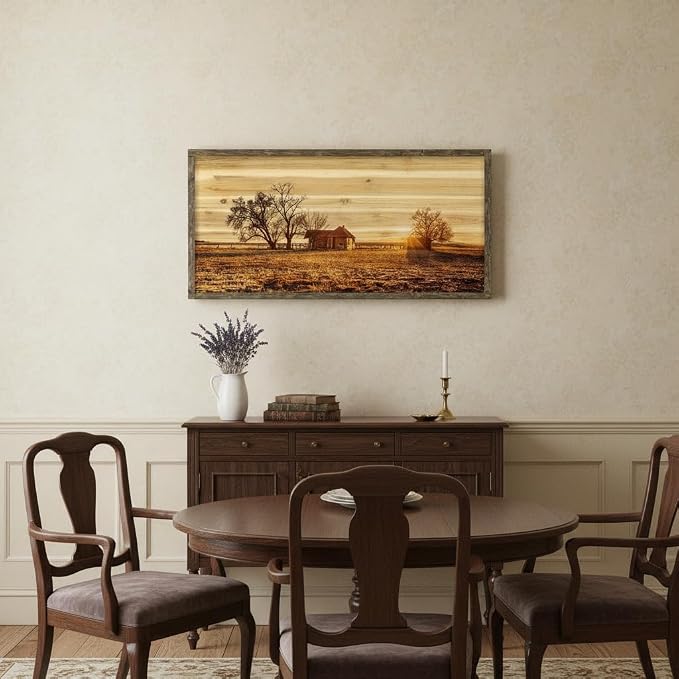 Farmhouse Wall Art Framed Picture: Large Country Farm Landscape Scene Wood Painting Decor Rustic Long Barn Old Cabin Print Horizontal Big Sunset Nature Countryside View Artwork for Living Room Bedroom