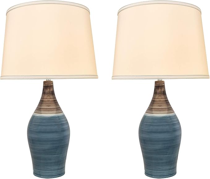 Aspen Creative 40185-12, 27-1/2" High Transitional Ceramic Table Lamp, Brown & Blue and Hardback Empire Shaped Lamp Shade in White, 15-1/2" Wide, 2 Pack