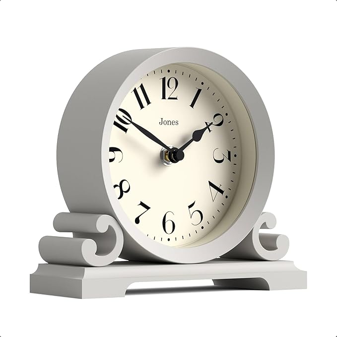 JONES CLOCKS® Saloon Mantel Clock | Small Traditional Double Scroll Design | Gray | Contemporary Classic Style for Desk, Table, Shelf or Bedside