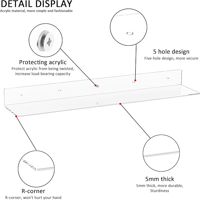 Sezanrpt 30 Inches Clear Long Floating Shelves for Wall, Acrylic Wall Shelf for Plants, Radio, Funko Pop, Books, Picture Frame, Clock, Cosmetics, Toiletries, 2 Pack(30 Inch)