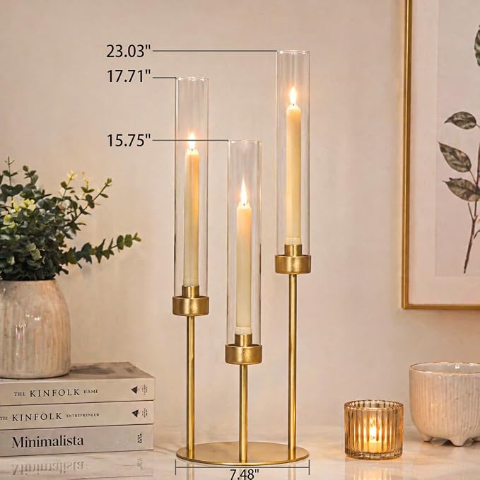 LETINE 3-Arm Gold Candelabra, Tall Candle Stick Holder 23.03",Candelabras with Glass Lampshade & Heavy Base - Ideal Candelabra Centerpieces for Indoor Outdoor Tables Wedding Party Decor (1 Pack)