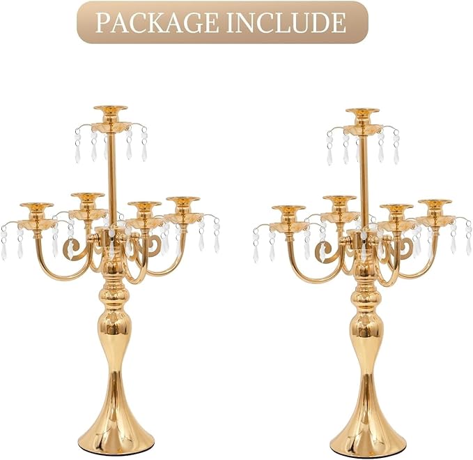 5 Arm Black Candelabra Centerpiece for Table, 20.3” Tall Metal Candlestick Candle Holder for Taper Candles, Gothic centerpieces for Tables, Wedding, Party, Reception (Gold, 2pcs)