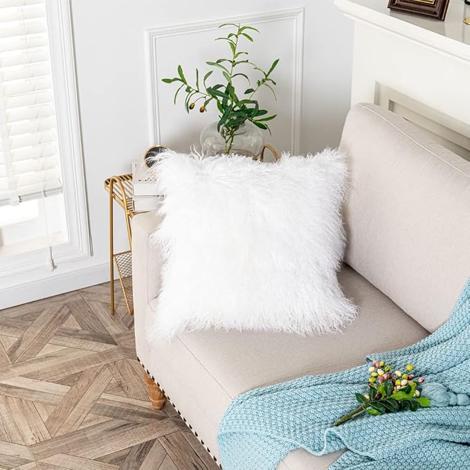 Mongolian Lamb Fur Throw Pillow Cover (16'' x 16'', White), Real Sheep Fur Decorative Cushion Cover Case Home Decorative Square Throw Pillow Cover Plain Wool Pillow Protector