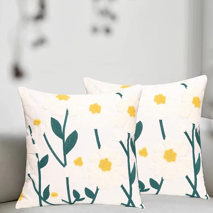 Set of 2 Embroidered Decorative Throw Pillow Covers Couch Square Pillowcases Cushion for Bedroom Sofa Farmhouse Decor 18x18 Inch (Spring Flower)