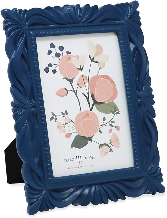 Isaac Jacobs 4x6 Navy Wave Textured Hand-Crafted Resin Picture Frame with Easel & Hook for Tabletop & Wall Display, Decorative Swirl Design Home Décor, Photo Gallery, Art, More (4x6, Navy)
