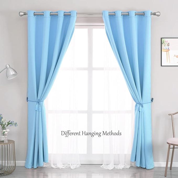 Light Blue Blackout Curtains 84 inch Length - Double Layers Blue Romantic Curtains with Sheer Overlay, Window Curtains & Drapes for Kids/Girls/Boys Bedroom Living Room Nursery, 2 PCs