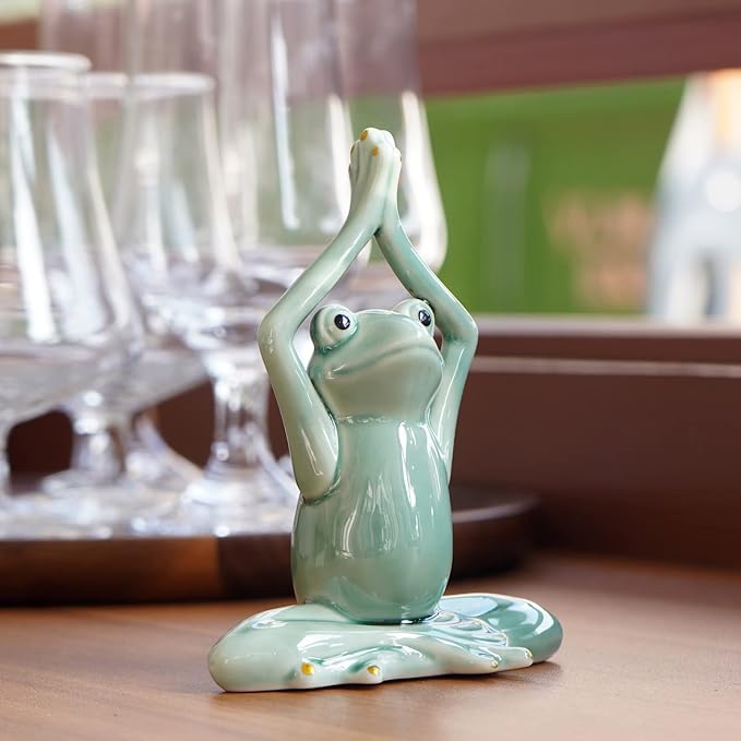 OwMell Ceramic Zen Frog Decor, Ceramic Yoga Pose Meditation Frog Staute for Home Zen Decoration - Namaste