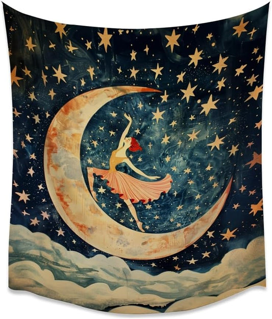 Dancer on the Moon Tapestry Starry Night Sky Art Print Dark Academia Gothic Aesthetic Wall Hanging Stars Moon Clouds Tapestries Whimsical Wall Decor for Nursery Bedroom 70x90inch