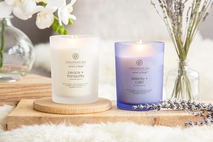 Chesapeake Bay Medium Jar Candles Duo - Peace + Tranquility (Cashmere Jasmine) and Serenity + Calm (Lavender Thyme) Home Decor (Pack of 8)
