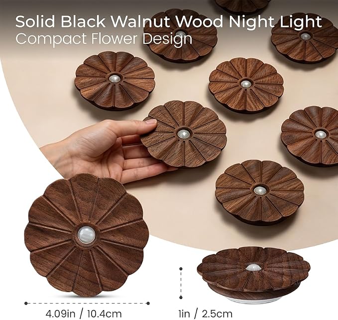 Motion Sensor Night Light Wooden Carved Flower USB Rechargeable Stick-On Step Lights Magnetic Mini Wall Lights for Hallway Bedroom Living Room Stair (Black Walnut)