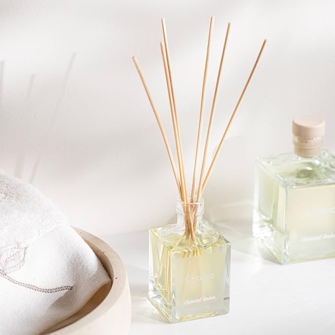 Chakra Reed Diffuser Set - Reed Diffusers for Home, Office and Living Spaces with Long-Lasting Fragrance, Scent Diffuser with Decorative Glass Bottle & Bamboo Sticks, 3.3 fl oz, Oriental Amber