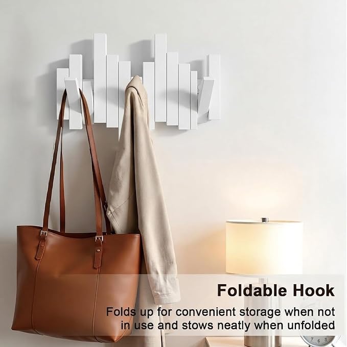 Modern Wooden Coat Rack, key holder wall mount– Handmade Solid Walnut Flip Hook Rack with Hidden Mount, Decorative Entryway Wall Hooks for Coats, Bags & Hats, Space-Saving Design (White, 3Hooks)