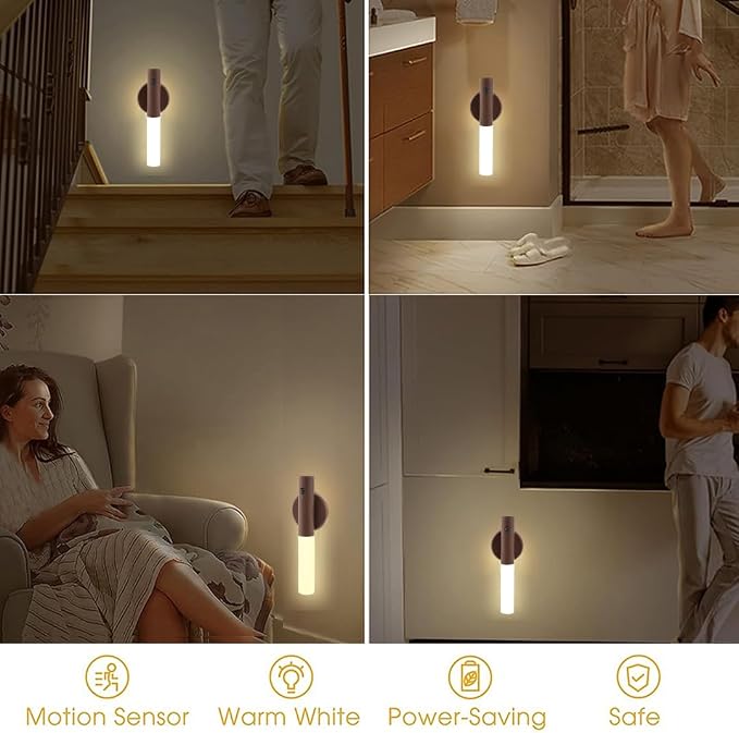 LANDGOO Wooden Motion Sensor Lights Indoor, Magnet Body Hallway Rechargeable LED Wireless Battery Operated Wall Sconce,