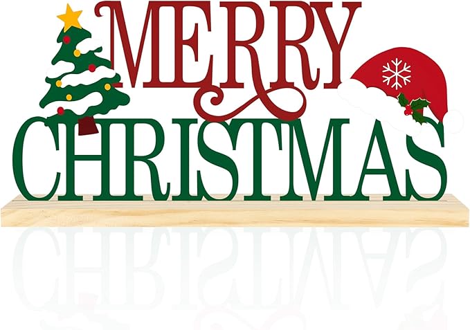 COCHIE Metal Merry Christmas Sign, Christmas Tree Table Centerpieces Decorations for Home, Office, Shelf, Mantel, Indoor, Xmas Red and Green Party Decor Supplies (XMAS A)