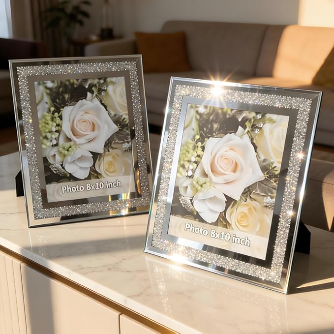 Crushed Diamond Wedding Mirror Photo Frame, Crystal Silver Glass Picture Frame For Photograph Size 8x10 inch, Pack of 2 Pieces, table top Stand frame & Wall Frame. Bling Sparkle Crushed Diamond Home