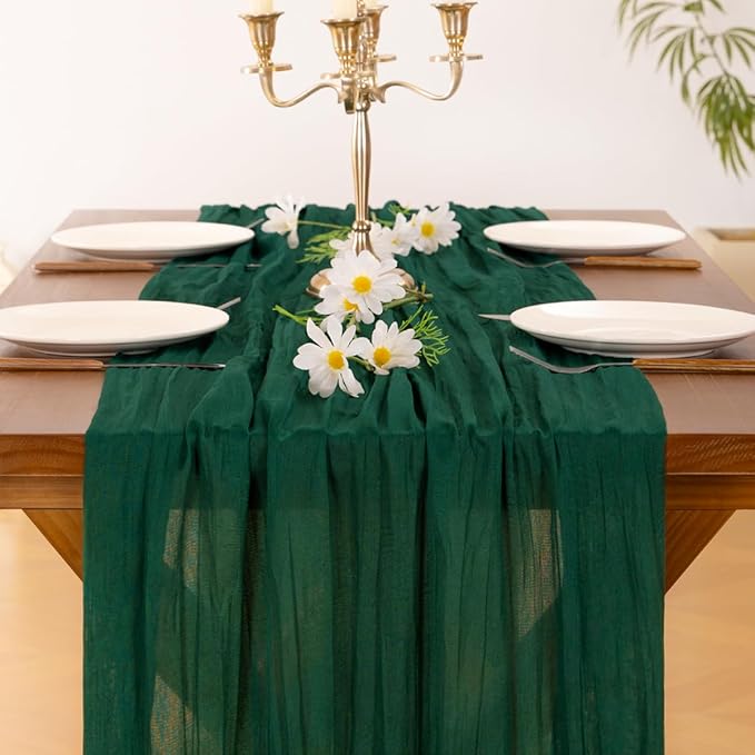 Socomi 2pcs Emerald Green Cheesecloth Table Runner Easter Spring Boho Rustic Gauze 120 inch 10FT Cheese Cloth Runner for Wedding Party Baby Shower Birthday Home Decor Holiday Decorations